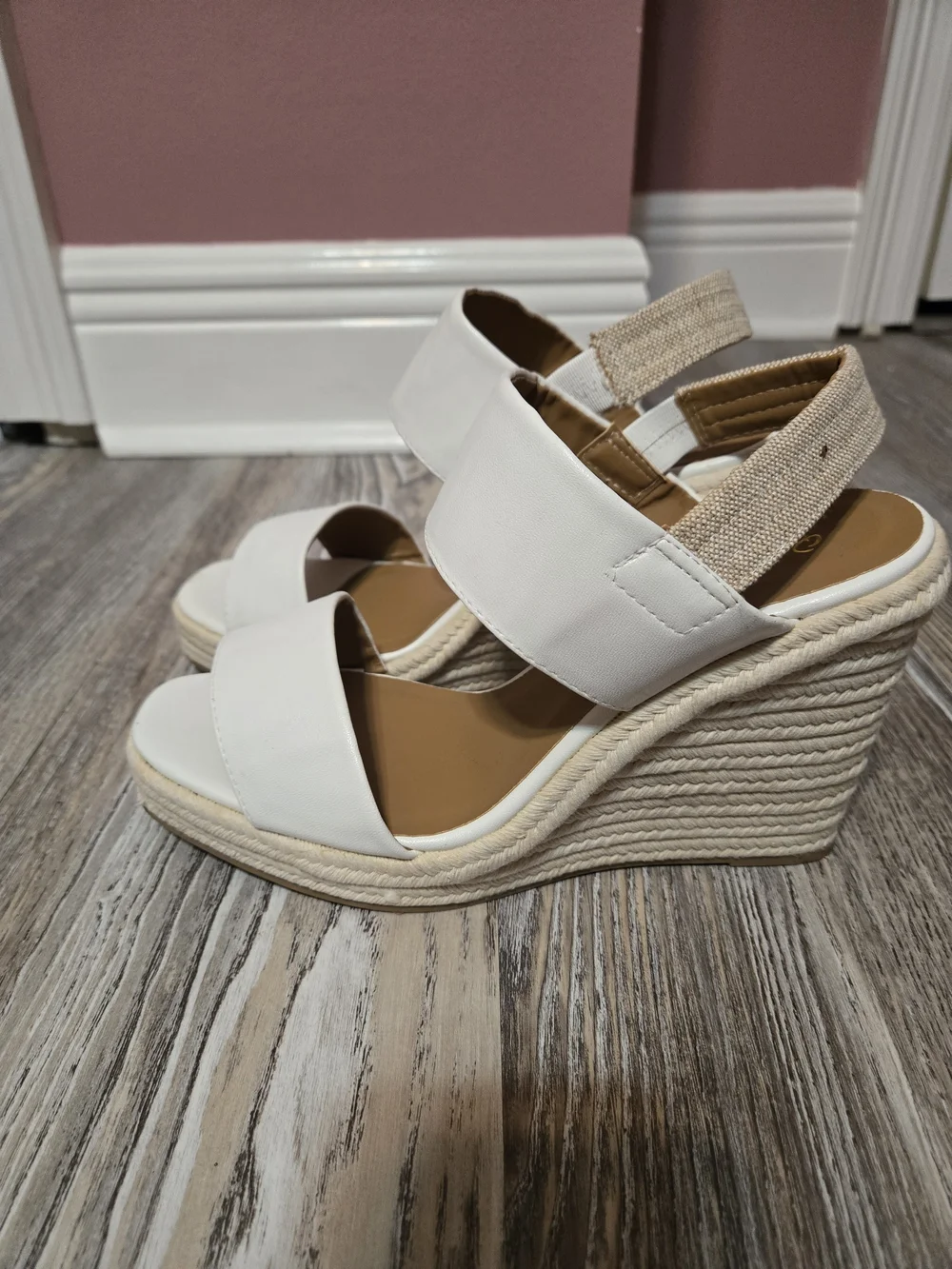 Qupid White Wedge Sandals with Tan Slingback